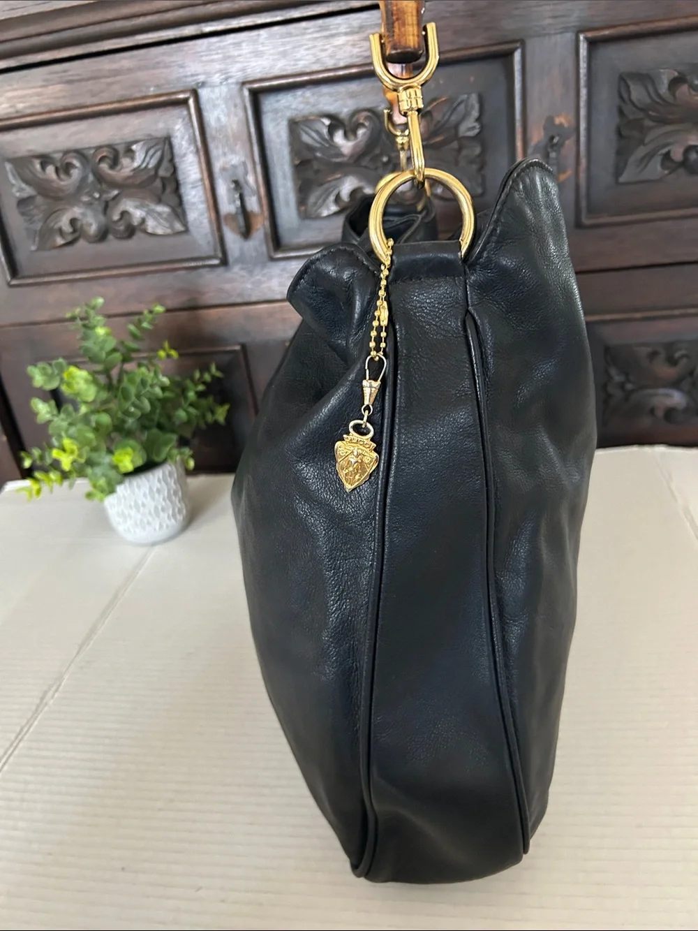 Vintage GUCCI Lambsksin Leather Bamboo Top Handle Two-way Black Shoulder Bag